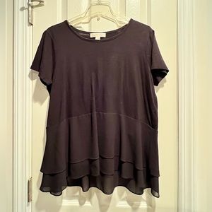 Michael Kors Mixed Media t-shirt w/ Short Sleeves & Layered Bottom in Black